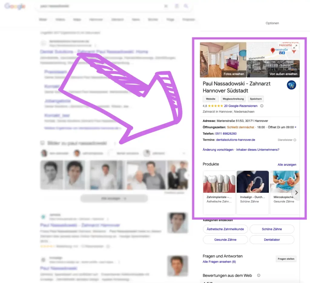 Screenshot Knowledge Panel Zahnarztpraxis Paul Nassadowski, Beispiel eines Knowledge Panels in der Google Suche um google unternehmensprofil optimieren lassen