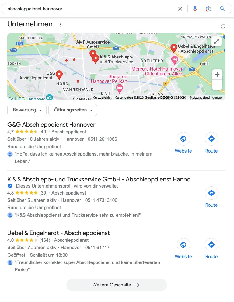 GMB Vorteile 29 grafik eines local pack aus google maps mit google my business pprofilen um google unternehmensprofil optimieren lassen