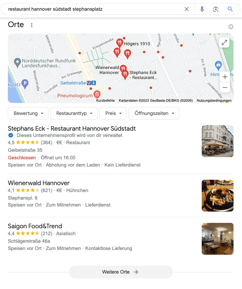 GMB Vorteile 31 screenshot eines local teaser pack aus google maps mit einträge von goolge my business profilen um google unternehmensprofil optimieren lassen