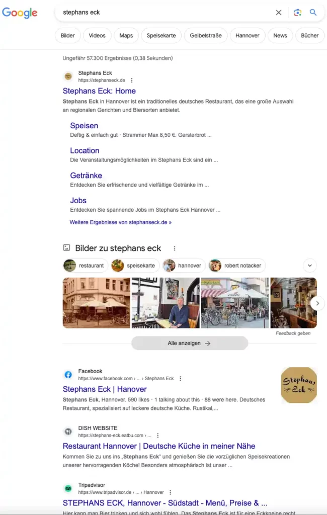 GMB Vorteile 30 screenshot der organischen suche von google mit einträgen von stephans eck des deutschen restaurant in hannover südstadt