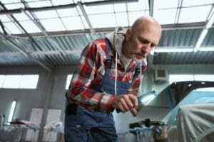 Man in work clothes works with a car detail