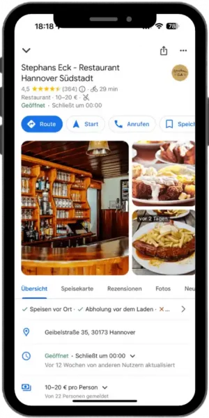 screenshot vom handy des stephans eck restaurant hannover südstadt um google unternehmensprofil optimieren lassen
